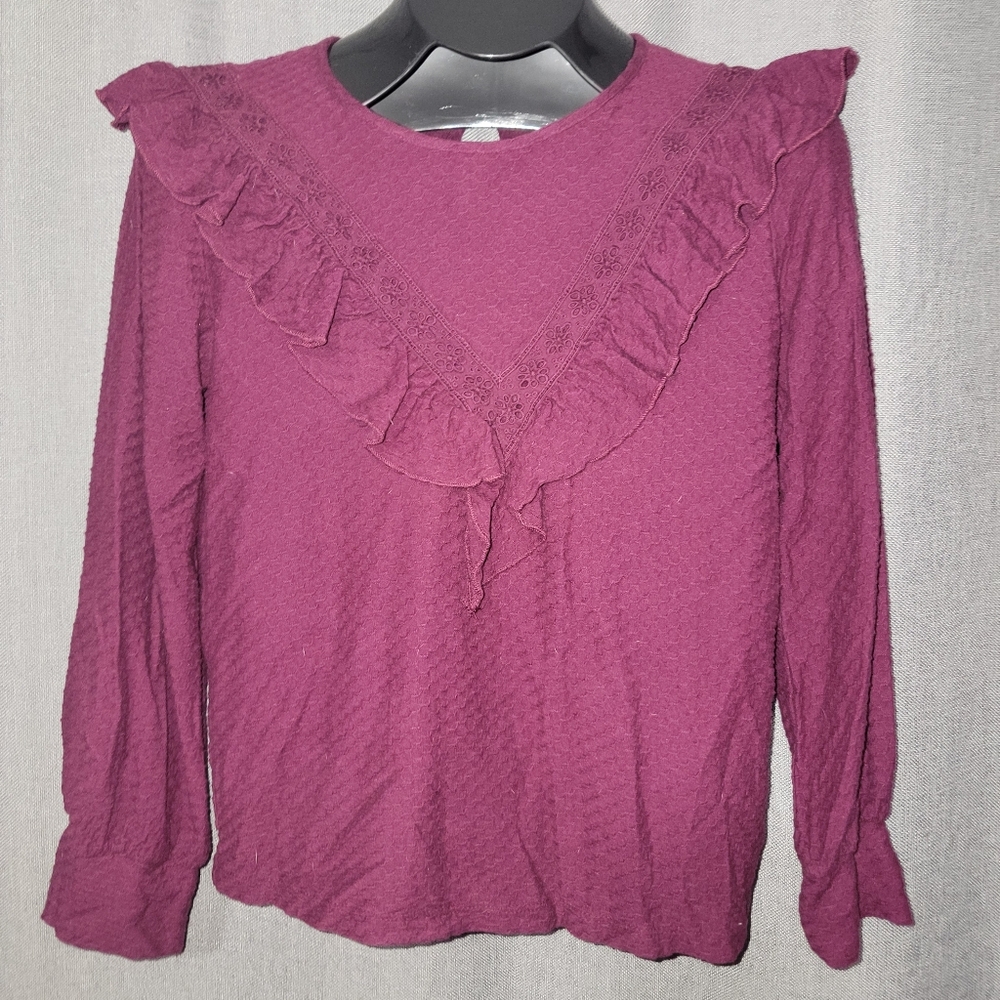 J.CREW Burgundy Ruffle Trim Honeycomb Knit Blouse Top Shirt XS